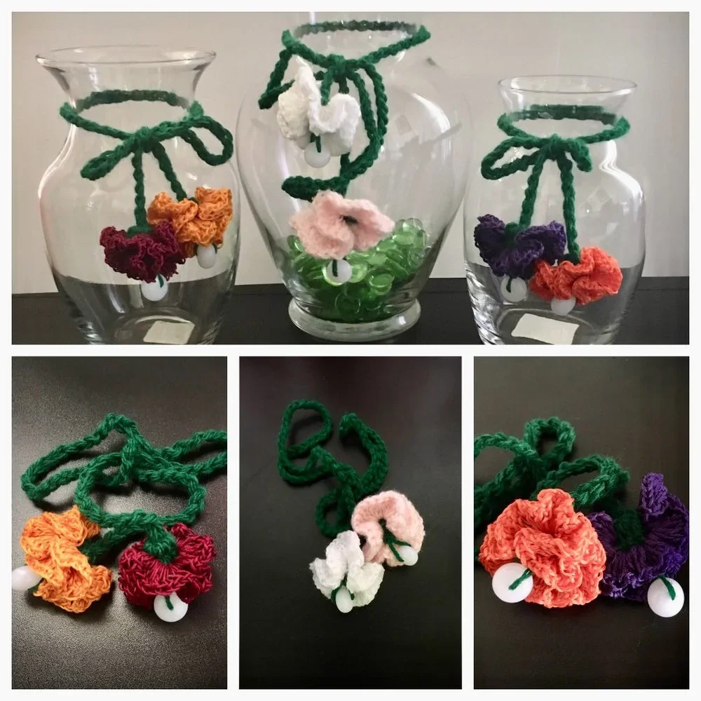 3 Handmade Flowers, crochet centerpiece decor
